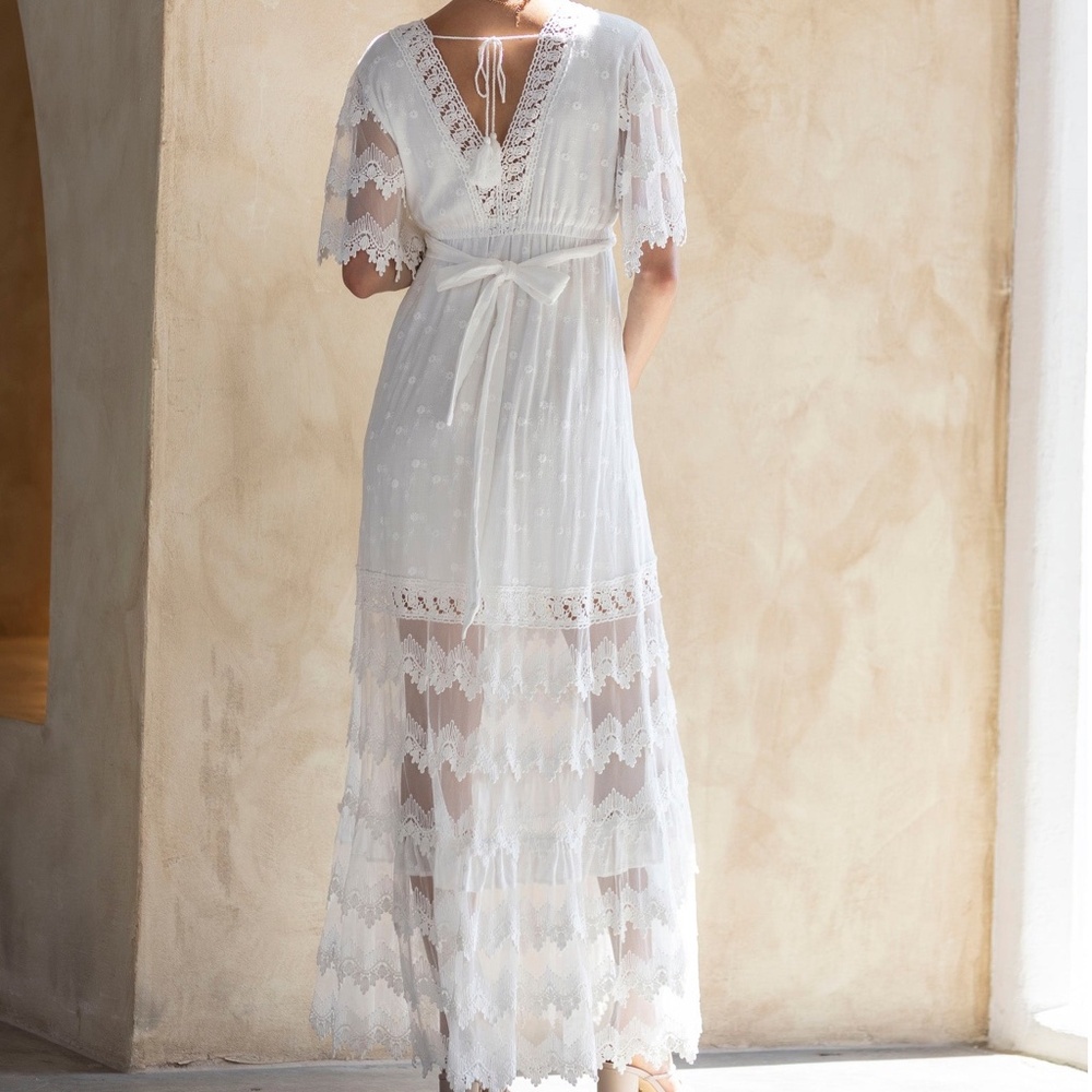 White Lace Maxi Maternity Dress - Elegant Sheer Panel Gown - Picture 2 of 6